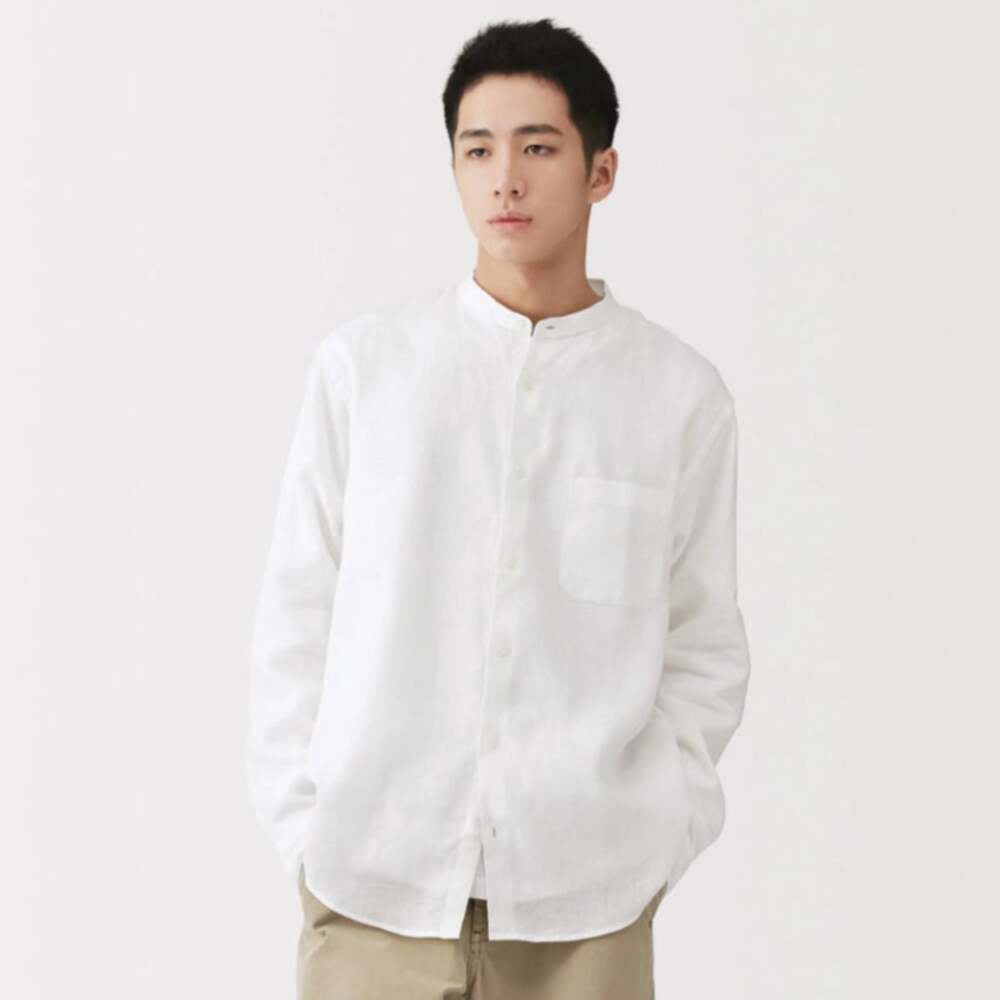 MUJI Men's Linen Stand Collar Shirt Size L White NWOT Minimalist
